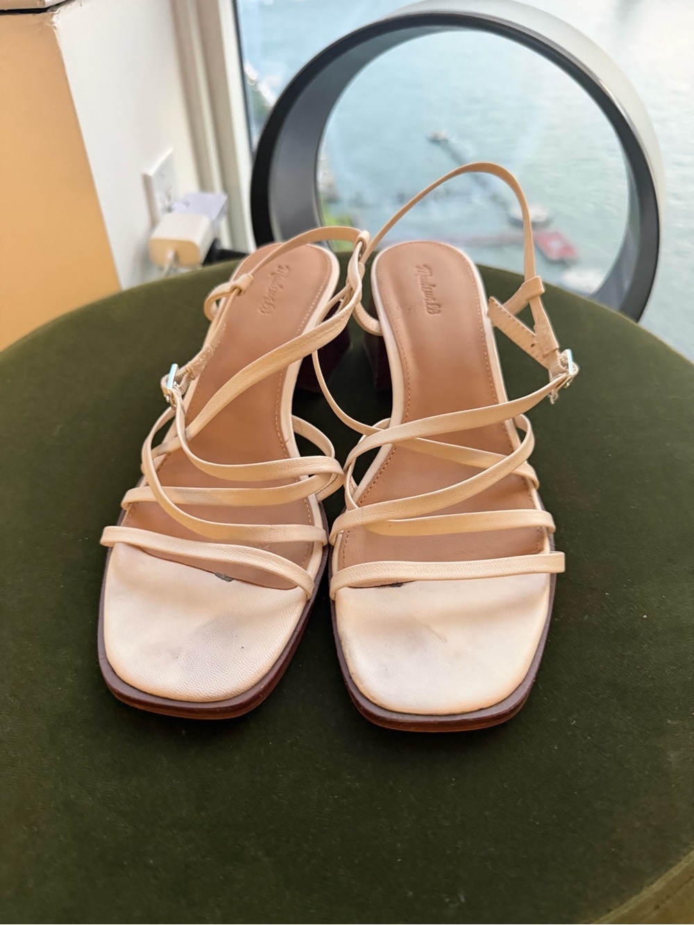 Madewell Cream Strappy Square-Toe Sandals with Block Heel